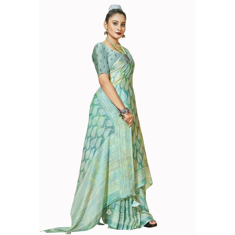 Turquoise floral print chiffon party wear saree with blouse