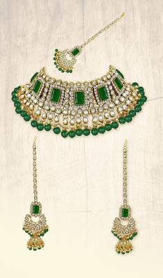 Traditional Handcrafted Faux Kundan & Pearl Studded Bridal Necklace Set with Earrings & Maang Tikka  1