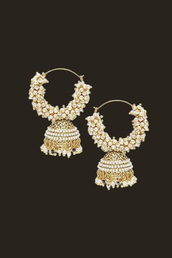 Designer Pearl Stone Gold Plated Bunched Pearl Bali Hoop Gold Plated Jhumka Earrings