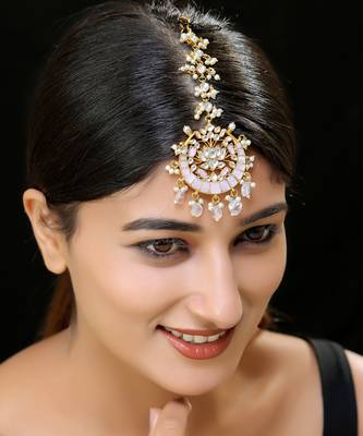 Pink gold finish kundan maangtika 1