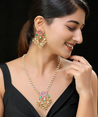 Multi gold finish kundan long pendant set 1