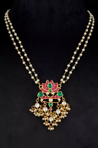 Multi gold finish kundan long pendant set
