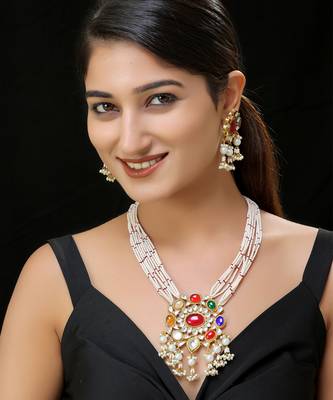 Gold finish kundan navratna long pendant set 1