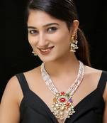 Gold finish kundan navratna long pendant set