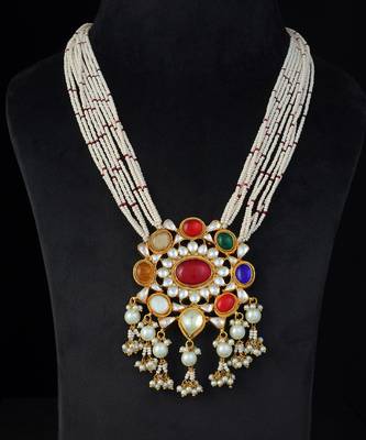 Gold finish kundan navratna long pendant set 2