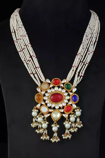 Gold finish kundan navratna long pendant set