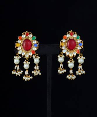 Gold finish kundan navratna long pendant set 3