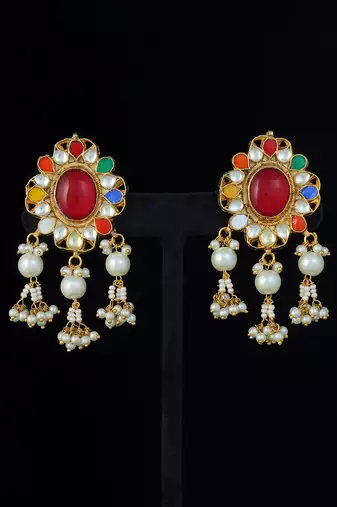 Gold finish kundan navratna long pendant set