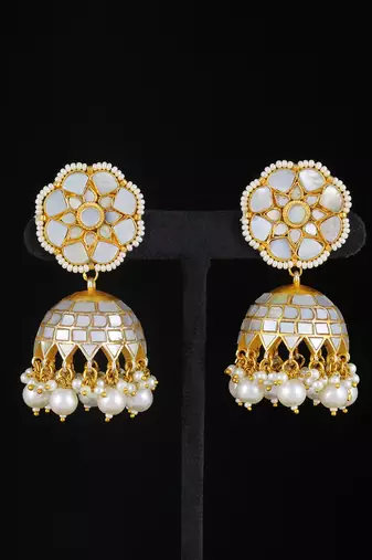White gold finish kundan mother of pearls jhumka