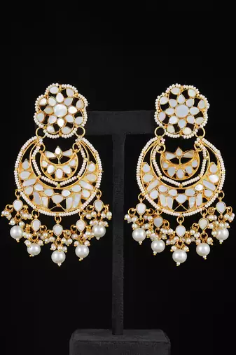 White gold finish kundan mother of pearls chaandbali