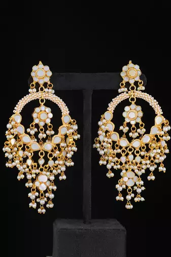 White gold finish kundan mother of pearls chaandbali