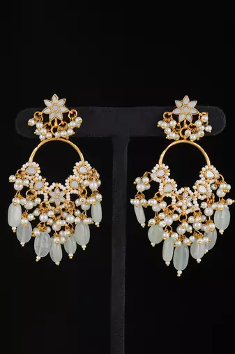 White gold finish kundan mother of pearls chaandbali