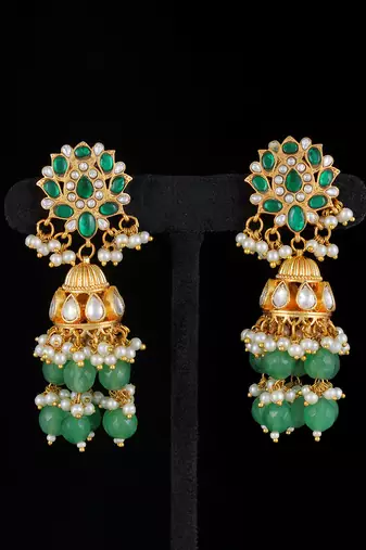 Green gold finish kundan jhumka