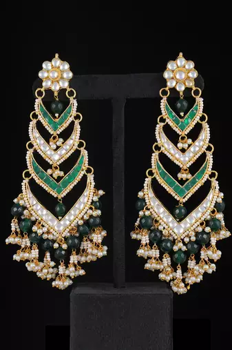 Green gold finish kundan danglers