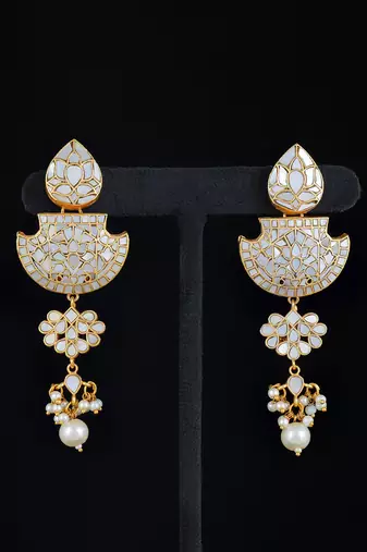 White gold finish kundan mother of pearls danglers