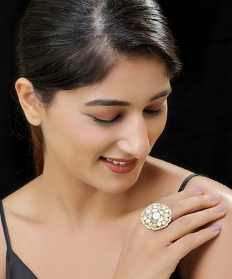 White gold finish kundan mother of pearls ring 1