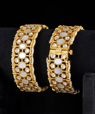 White gold finish kundan mother of pearl bangles 2