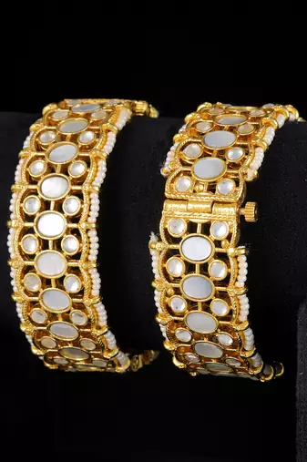 White gold finish kundan mother of pearl bangles