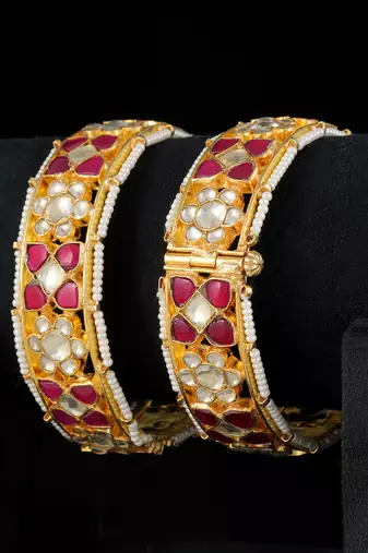 Red gold finish kundan bangles
