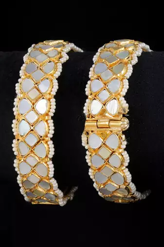 White gold finish kundan mother of pearl bangles