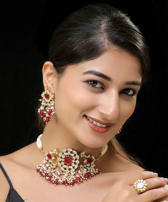Red gold finish kundan necklace set 1