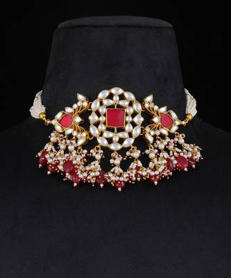 Red gold finish kundan necklace set 2