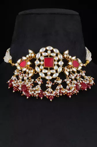 Red gold finish kundan necklace set