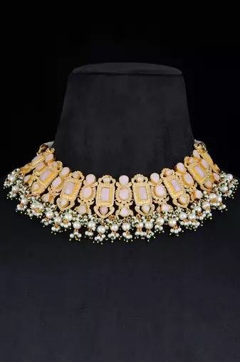 Pink gold finish kundan necklace set