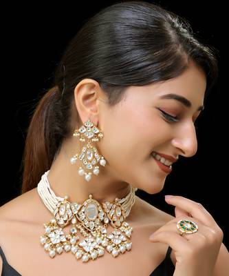 White gold finish kundan necklace set 1