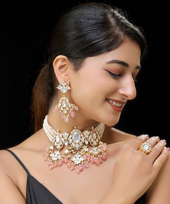 White & pink gold finish kundan necklace set 1