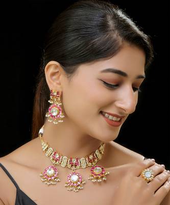 Red gold finish kundan necklace set 1
