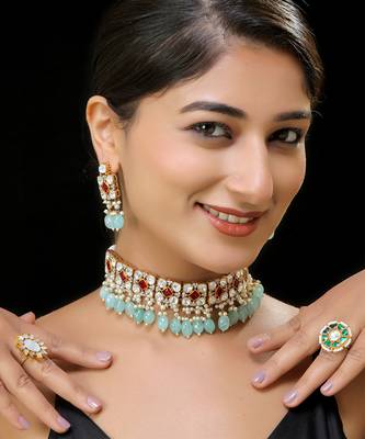 Red & light green gold finish kundan necklace set 1