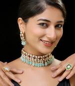 Red & light green gold finish kundan necklace set