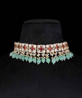 Red & light green gold finish kundan necklace set 2