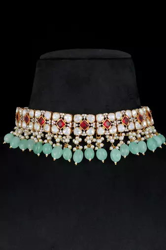 Red & light green gold finish kundan necklace set