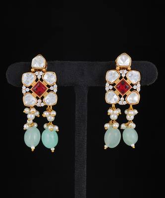 Red & light green gold finish kundan necklace set 3