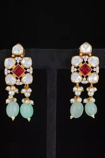 Red & light green gold finish kundan necklace set