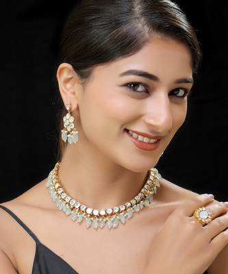 Light green & white gold finish kundan necklace set 1