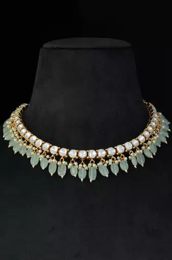 Light green & white gold finish kundan necklace set
