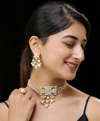 White gold finish kundan necklace set 1