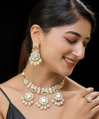 White gold finish kundan mother of pearls necklace set 1