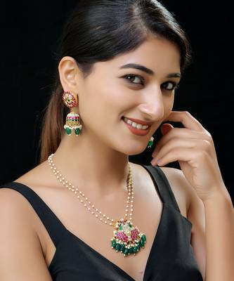 Multi gold finish kundan long pendant set 1