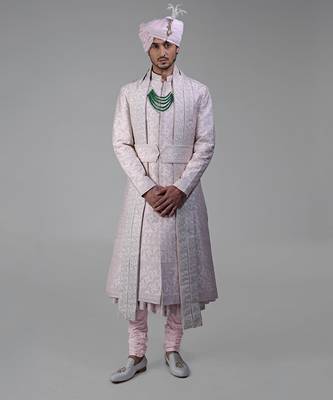Light pink floral thread embroidered sherwani peshwa set 1