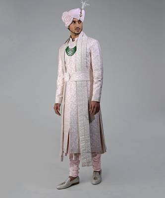 Light pink floral thread embroidered sherwani peshwa set 3