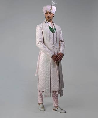 Light pink floral thread embroidered sherwani peshwa set 4