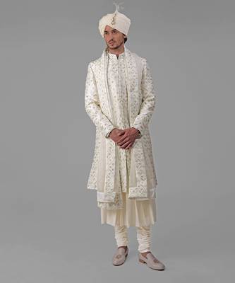 Ivory & gold floral jaal zardozi hand embroidered sherwani peshwa set 1