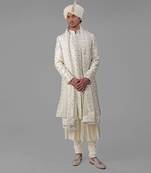 Ivory & gold floral jaal zardozi hand embroidered sherwani peshwa set