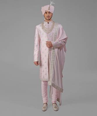 Barely pink floral hand embroidered sherwani set 1