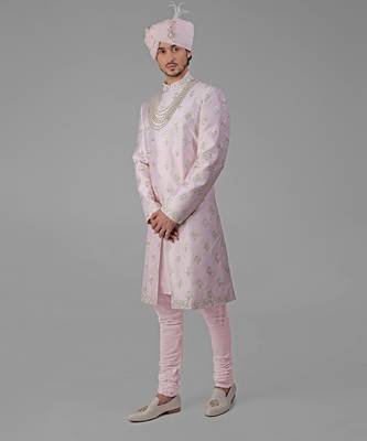 Barely pink floral hand embroidered sherwani set 3