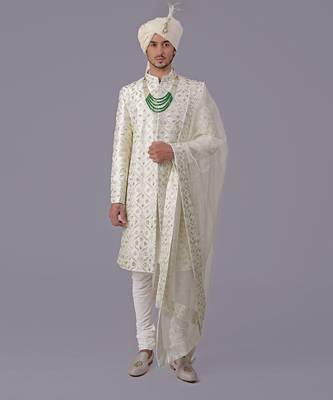 Ivory gold floral zardozi embroidered silk sherwani set 1